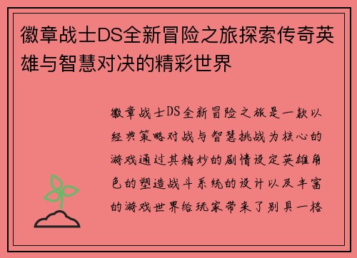徽章战士DS全新冒险之旅探索传奇英雄与智慧对决的精彩世界